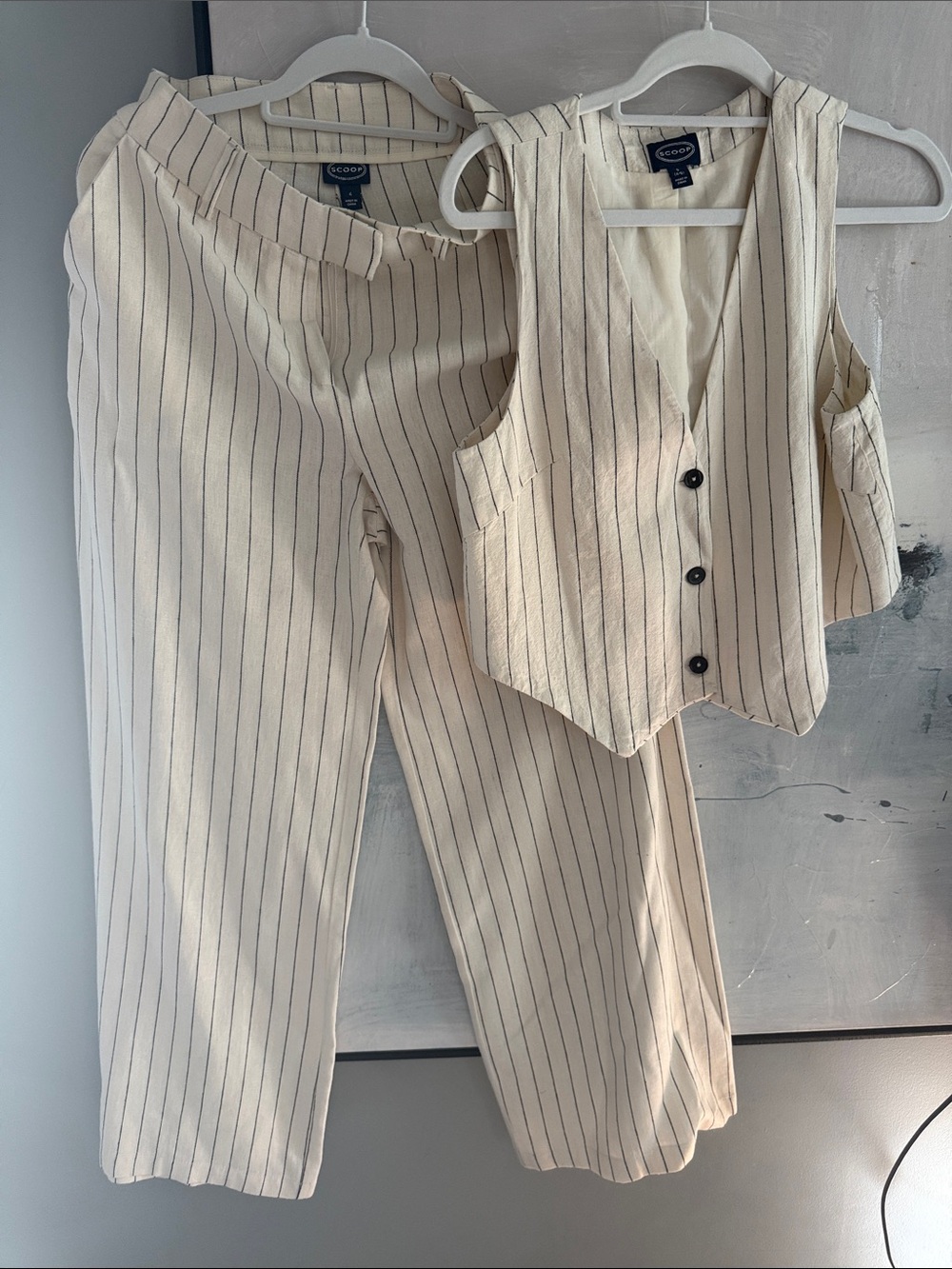 Scoop linen blend Cream Pinstripe Vest & Wide Leg Pants Set